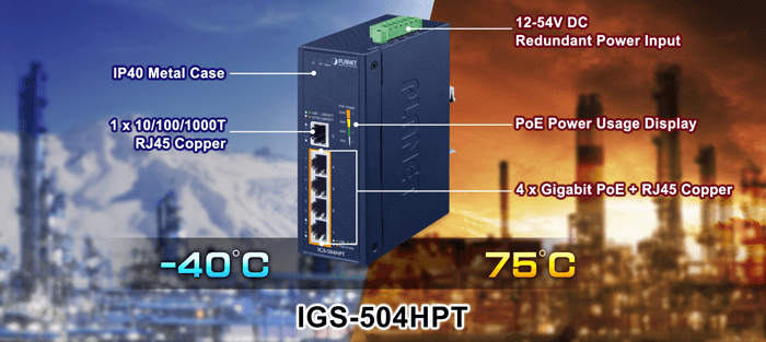IGS-504HPT — Industrial 4-Port 10/100/1000T 802.3at PoE + 1-Port 10/100/1000T Gigabit Ethernet Switch, vista 4