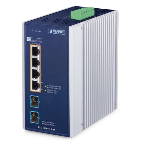 IGS-1000-4UP2X — Industrial 4-Port 10/100/1000/2500T 802.3bt PoE + 2-Port 10G SFP+ Ethernet Switch
