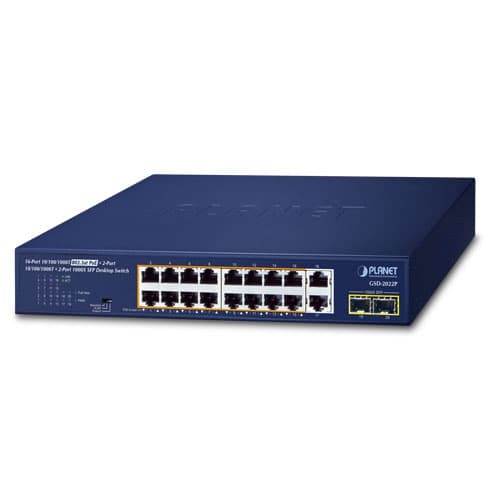 GSD-2022P — 16-Port 10/100/1000T 802.3at PoE + 2-Port 10/100/1000T + 2-Port 1000X SFP Desktop Switch