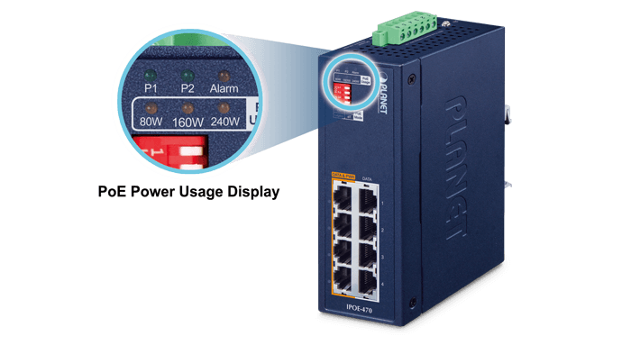 IPOE-470-12V — Industrial 4-port Multi-Gigabit 802.3bt PoE++ Injector Hub w/ 12V Booster, vista 5
