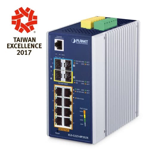 IGS-5225-8P2S2X — Industrial L3 8-Port 10/100/1000T 802.3at PoE + 2-Port 1G/2.5G SFP + 2-Port 10G SFP+ Managed Ethernet Switch