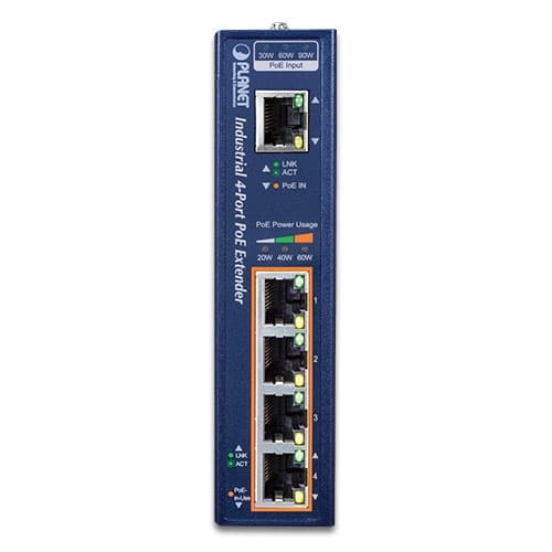 IPOE-E174 — Industrial 1-Port 802.3bt PoE++ to 4-Port 802.3af/at Gigabit PoE Extender, vista 2