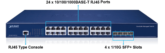 SGS-6310-24T4X — L3 24-Port 10/100/1000T + 4-Port 10G SFP+ Stackable Managed Switch, vista 5