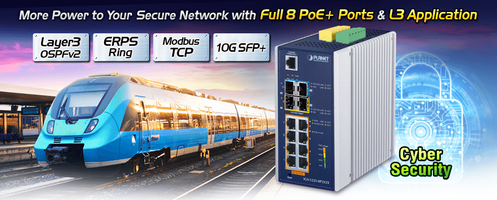 IGS-5225-8P2S2X — Industrial L3 8-Port 10/100/1000T 802.3at PoE + 2-Port 1G/2.5G SFP + 2-Port 10G SFP+ Managed Ethernet Switch, vista 6
