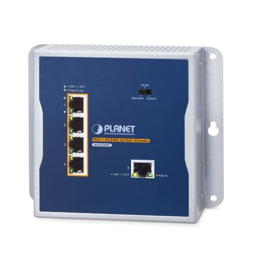 WGS-E304PT — Industrial 1-Port 10/100/1000T 802.3bt PoE++ to 4-Port 802.3at PoE+ Wall-mounted Extender