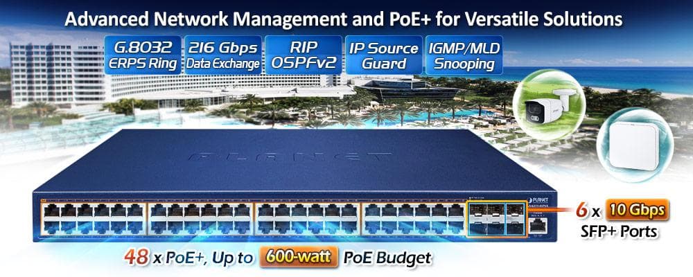 GS-6311-48P6X — L3 48-Port 10/100/1000T 802.3at PoE + 6-Port 10G SFP+ Managed Ethernet Switch, vista 4