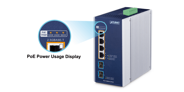 IGS-1000-4UP2X — Industrial 4-Port 10/100/1000/2500T 802.3bt PoE + 2-Port 10G SFP+ Ethernet Switch, vista 8