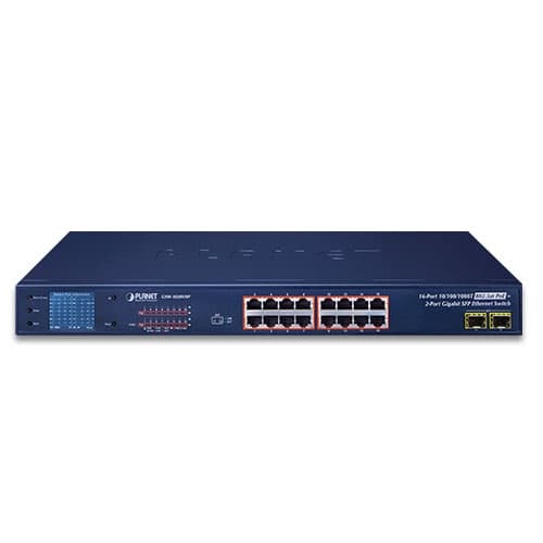GSW-1820VHP — 16-Port 10/100/1000T 802.3at PoE + 2-Port Gigabit SFP Ethernet Switch with LCD PoE Monitor, vista 2