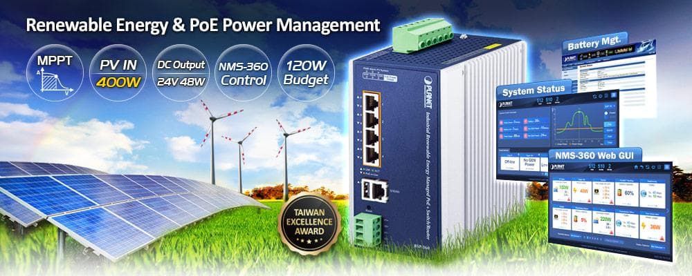 BSP-360 — Industrial Renewable Power 5-Port Gigabit Managed Switch/Router with 4-Port 802.3at PoE+, vista 4
