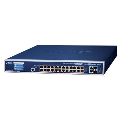 GS-6320-24UP2T2XV — L3 24-Port 10/100/1000T 802.3bt PoE + 2-Port 10GBASE-T + 2-Port 10G SFP+ Managed Switch with LCD Touch Screen and Redundant Power