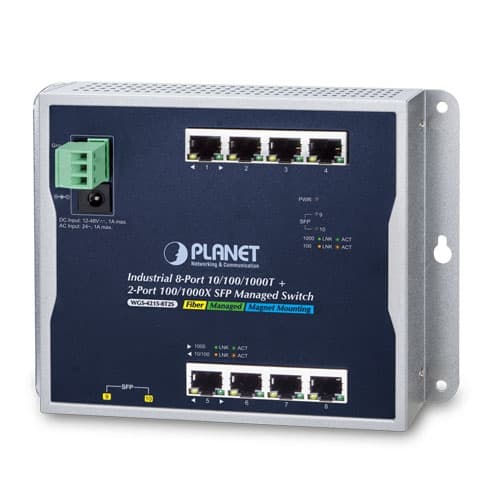 WGS-4215-8T2S — Industrial 8-Port 10/100/1000T + 2-Port 100/1000X SFP Wall-mount Managed Switch (-40~75 degrees C)