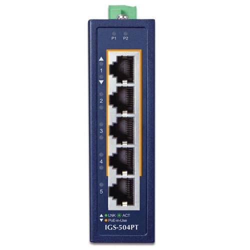 IGS-504PT — Compact Industrial 4-Port 10/100/1000T 802.3at PoE + 1-Port 10/100/1000T Ethernet Switch, vista 2