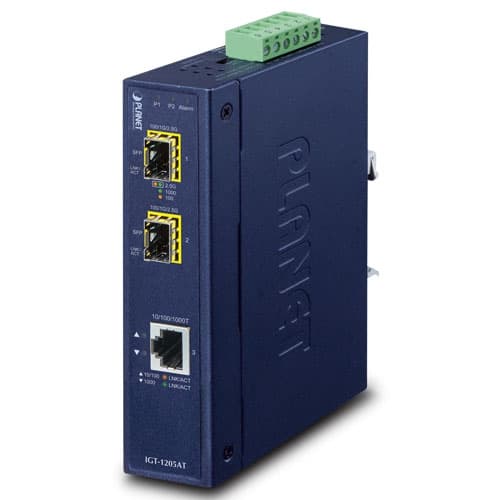 IGT-1205AT — Industrial 1-port 10/100/1000T to 2-port 100/1000/2500X SFP Media Converter