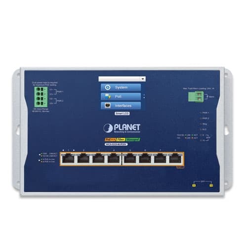 WGS-5225-8UP2SV — Industrial L2+ 8-Port 10/100/1000T 802.3bt PoE + 2-Port 1G/2.5G SFP Wall-mount Managed Switch with LCD Touch Screen, vista 2