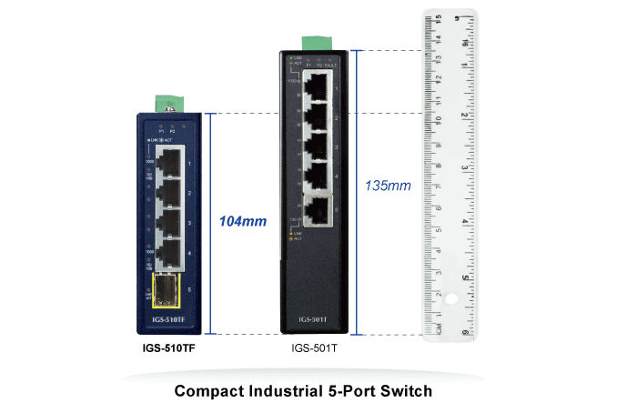 IGS-510TF — Industrial Compact 4-Port 10/100/1000T + 1-Port 100/1000X SFP Gigabit Ethernet Switch, vista 6