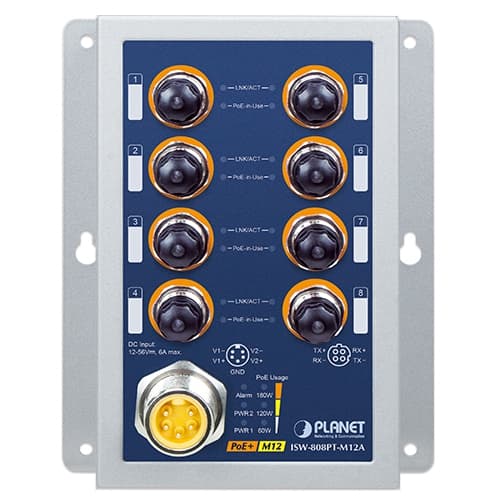 ISW-808PT-M12A — Industrial 8-Port 10/100TX M12 802.3at PoE+ Switch, vista 3