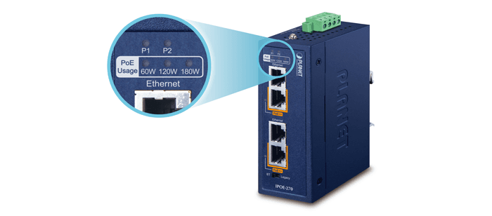 IPOE-270 / IPOE-270-12V — Industrial 2-port Multi-Gigabit 802.3bt PoE++ Injector Hub, vista 10