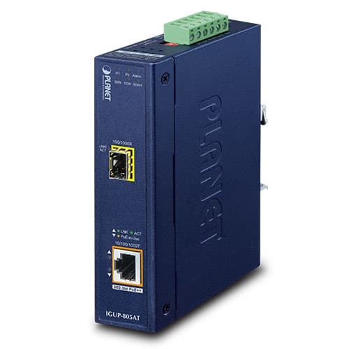 IGUP-805AT — Industrial 1-Port 100/1000X SFP to 1-Port 10/100/1000T 802.3bt PoE++ Media Converter