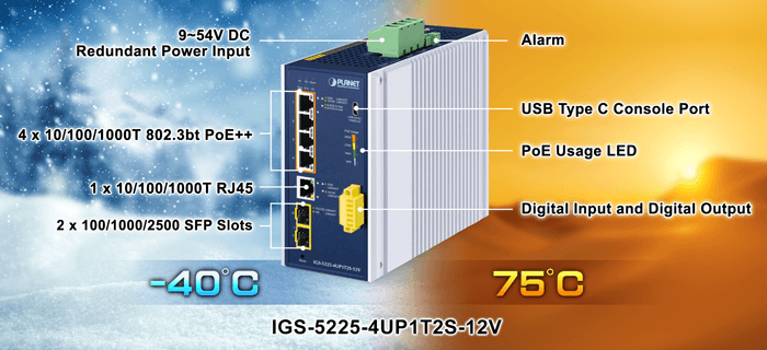IGS-5225-4UP1T2S-12V — Industrial L2+ 4-Port 10/100/1000T 802.3bt PoE + 1-Port 10/100/1000T +
2-Port 1G/2.5G SFP Managed Ethernet Switch w/12V Booster, vista 4