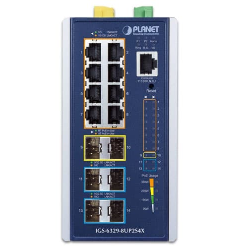 IGS-6329-8UP2S4X — Industrial L3 8-Port 10/100/1000T 802.3bt PoE + 2-Port 1G/2.5G SFP + 4-Port 10G SFP+ Managed Ethernet Switch, vista 2