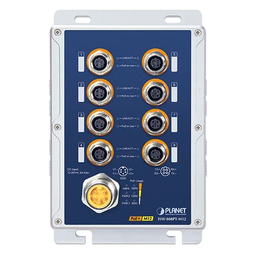 ISW-808PT-M12 — Industrial IP67 8-Port 10/100TX M12 802.3at PoE+ Switch, vista 2