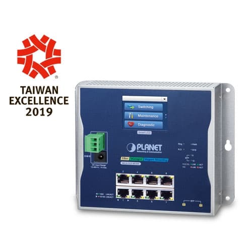 WGS-5225-8T2SV — Industrial L2+ 8-port 10/100/1000T + 2-port 1G/2.5G SFP Wall-mount Managed Switch with LCD Touch Screen