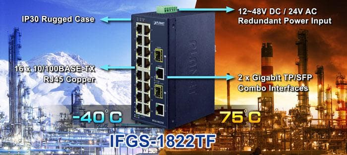 IFGS-1822TF — Industrial 16-Port 10/100TX + 2-Port Gigabit TP/SFP Combo Ethernet Switch, vista 5