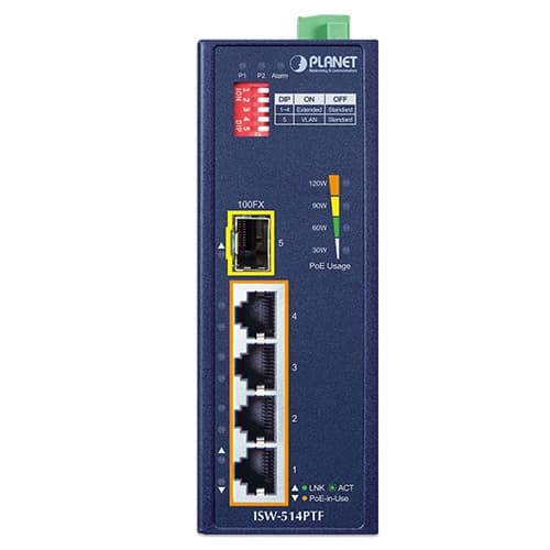 ISW-514PTF — Industrial 4-Port 10/100TX 802.3at PoE+ plus 1-Port 100FX Ethernet Switch, vista 2