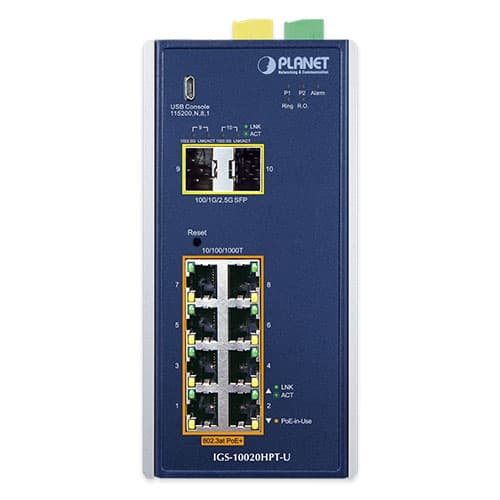 IGS-10020HPT/IGS-10020HPT-U — Industrial 8-port 10/100/1000T 802.3at PoE + 2-port 1G/2.5G SFP Managed Switch, vista 5