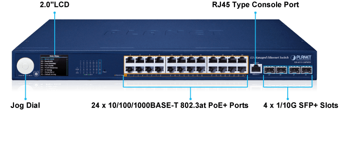 GS-6311-24P4XV — L3 24-Port 10/100/1000T 802.3at PoE + 4-Port 10G SFP+ Managed Ethernet Switch with Smart LCD Screen, vista 5