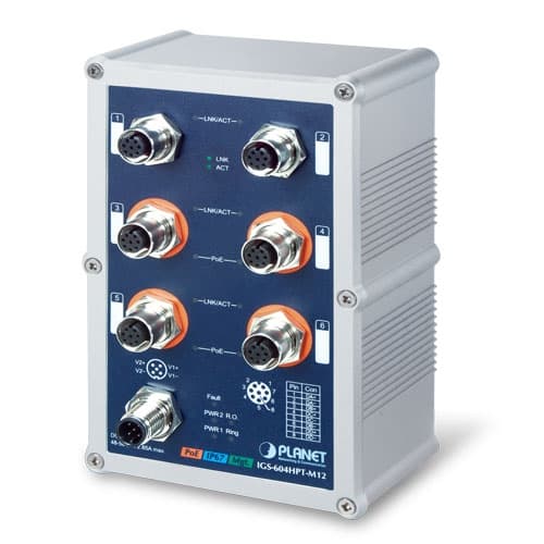 IGS-604HPT-M12 — Industrial IP67 Rated 4-Port 10/100/1000T 802.3at PoE + 2-Port 10/100/1000T Managed Ethernet Switch