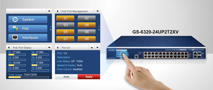 GS-6320-24UP2T2XV — L3 24-Port 10/100/1000T 802.3bt PoE + 2-Port 10GBASE-T + 2-Port 10G SFP+ Managed Switch with LCD Touch Screen and Redundant Power, vista 5
