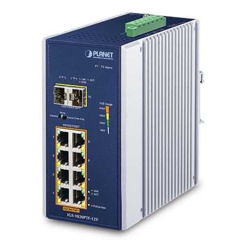 IGS-1020PTF-12V — Industrial 8-Port 10/100/1000T 802.3at PoE + 2-Port 100/1000X SFP Ethernet Switch w/ 12V Booster