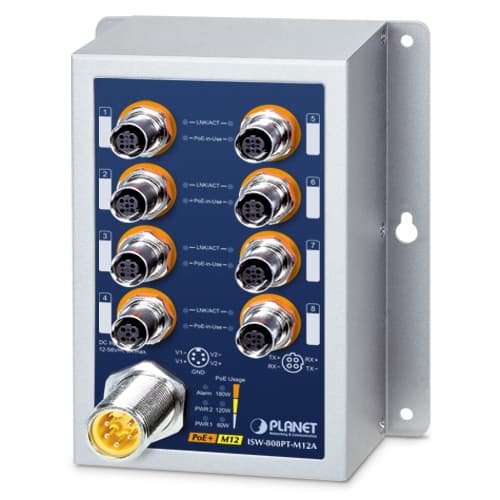 ISW-808PT-M12A — Industrial 8-Port 10/100TX M12 802.3at PoE+ Switch