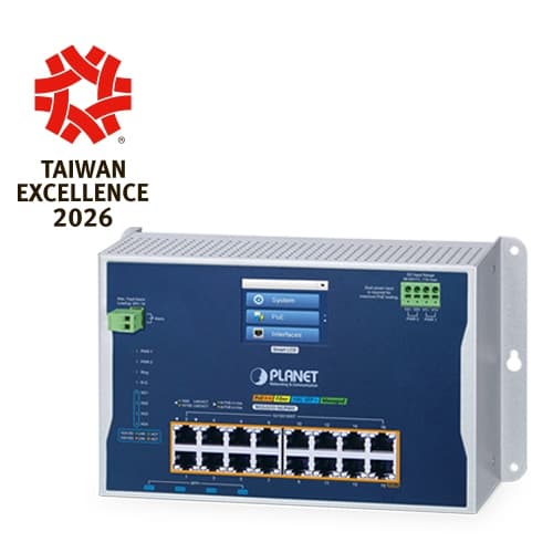 WGS-5215-16UP4XV — Industrial L2+ 16-Port 10/100/1000T 802.3bt PoE + 4-Port 10G SFP+ Wall-mount Managed Ethernet Switch with LCD Touch Screen