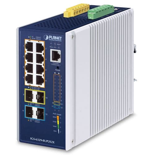 IGS-6329-8UP2S2X — Industrial L3 8-Port 10/100/1000T 802.3bt PoE + 2-Port 1G/2.5G SFP + 2-Port 10G SFP+ Managed Ethernet Switch