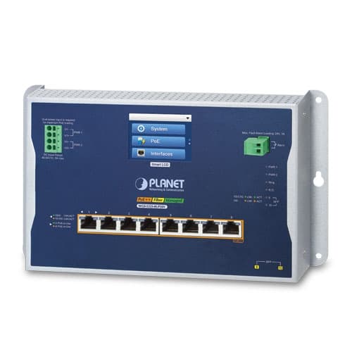 WGS-5225-8UP2SV — Industrial L2+ 8-Port 10/100/1000T 802.3bt PoE + 2-Port 1G/2.5G SFP Wall-mount Managed Switch with LCD Touch Screen
