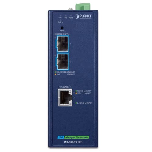 IXT-900-2X1PD — Industrial 2-Port 10GBASE-X SFP+ + 1-Port 10GBASE-T PoE PD Managed Media Converter, vista 2