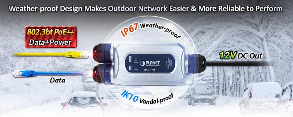 IPOE-175S — Industrial IP67 802.3bt PoE++ Splitter (DC 12V, -40~75 degrees C), vista 7