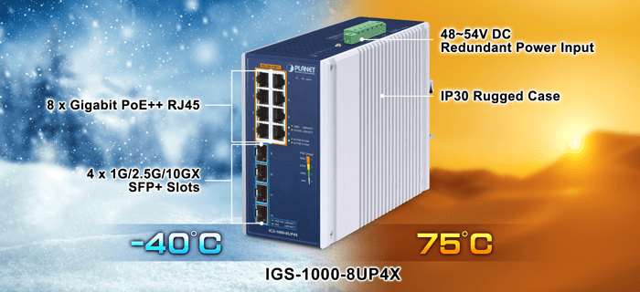 IGS-1000-8UP4X — Industrial 8-Port 10/100/1000T 802.3bt PoE + 4-Port 10G SFP+ Ethernet Switch, vista 5
