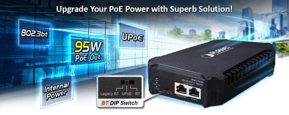 POE-175-95 — One-Port 10/100/1000Mbps 802.3bt PoE++ Injector, vista 5