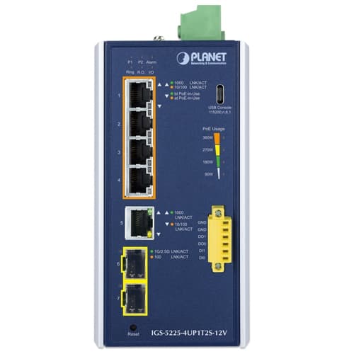 IGS-5225-4UP1T2S-12V — Industrial L2+ 4-Port 10/100/1000T 802.3bt PoE + 1-Port 10/100/1000T +
2-Port 1G/2.5G SFP Managed Ethernet Switch w/12V Booster, vista 2