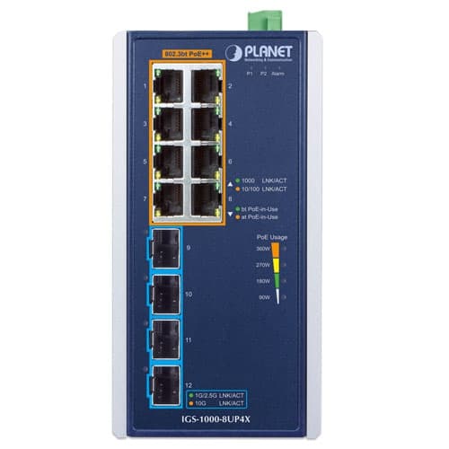 IGS-1000-8UP4X — Industrial 8-Port 10/100/1000T 802.3bt PoE + 4-Port 10G SFP+ Ethernet Switch, vista 2