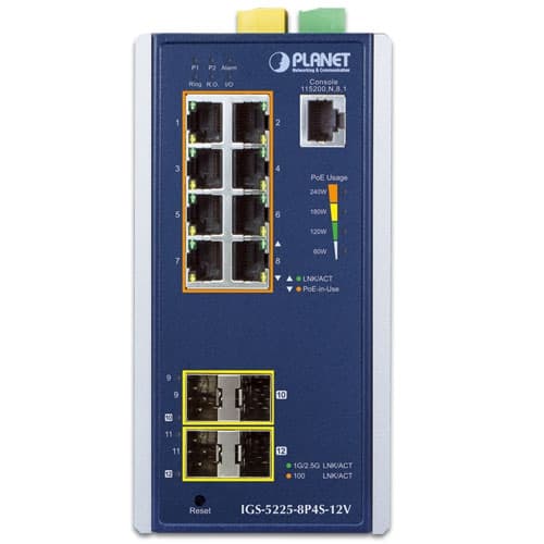 IGS-5225-8P4S-12V — Industrial L2+ 8-Port 10/100/1000T 802.3at PoE + 2-Port 100/1G SFP + 2-Port 100/1G/2.5G SFP Managed Ethernet Switch w/ 12V Booster, vista 2