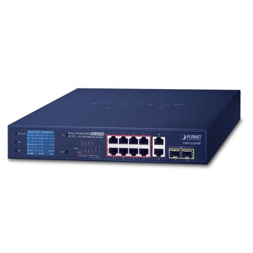 GSD-1222VHP — 8-Port 10/100/1000T 802.3at PoE + 2-Port 10/100/1000T + 2-Port 1000X SFP Ethernet Switch with PoE LCD Monitor