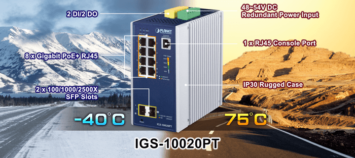IGS-10020PT — Industrial 8-port 10/100/1000T 802.3at PoE + 2-port 1G/2.5G SFP Managed Switch, vista 4
