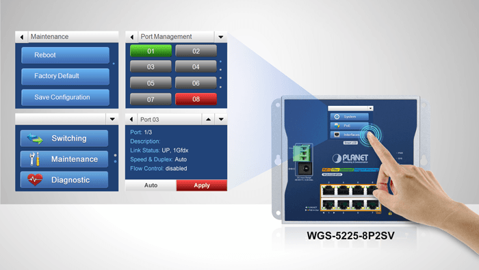 WGS-5225-8P2SV — Industrial L2+ 8-port 10/100/1000T 802.3at PoE + 2-port 1G/2.5G SFP Wall-mount Managed Switch with LCD Touch Screen, vista 7