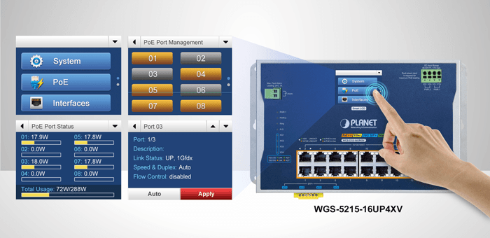 WGS-5215-16UP4XV — Industrial L2+ 16-Port 10/100/1000T 802.3bt PoE + 4-Port 10G SFP+ Wall-mount Managed Ethernet Switch with LCD Touch Screen, vista 8
