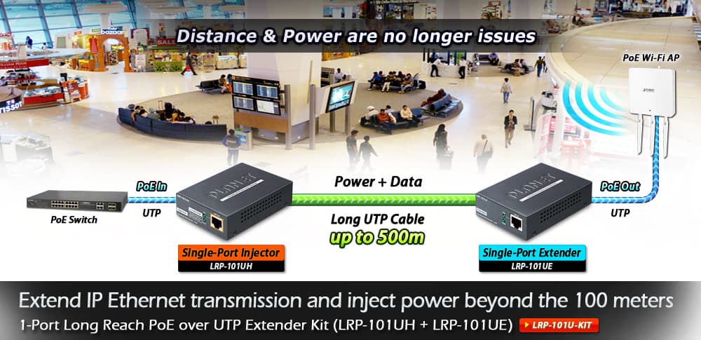 LRP-101U-KIT — 1-Port Long Reach PoE over UTP Extender Kit (LRP-101UH + LRP-101UE), vista 8