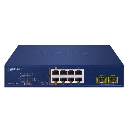 GSD-1022UP — 2-Port 10/100/1000T 802.3bt PoE + 4-Port 10/100/1000T 802.3at PoE + 2-Port 10/100/1000T + 2-Port 1000X SFP Desktop Switch, vista 2